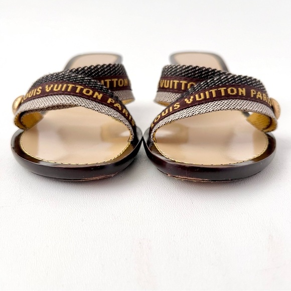 LOUIS VUITTON | Y2K Monogram Paris Logo Ribbon Kitten Heel Sandals Slides 37.5 - Picture 4 of 12